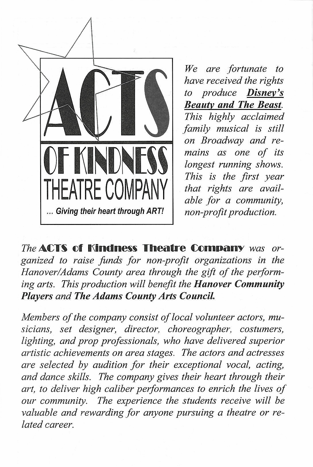 Inside page of the 2005 Beauty and the Beast program with Acts of Kindness mission language